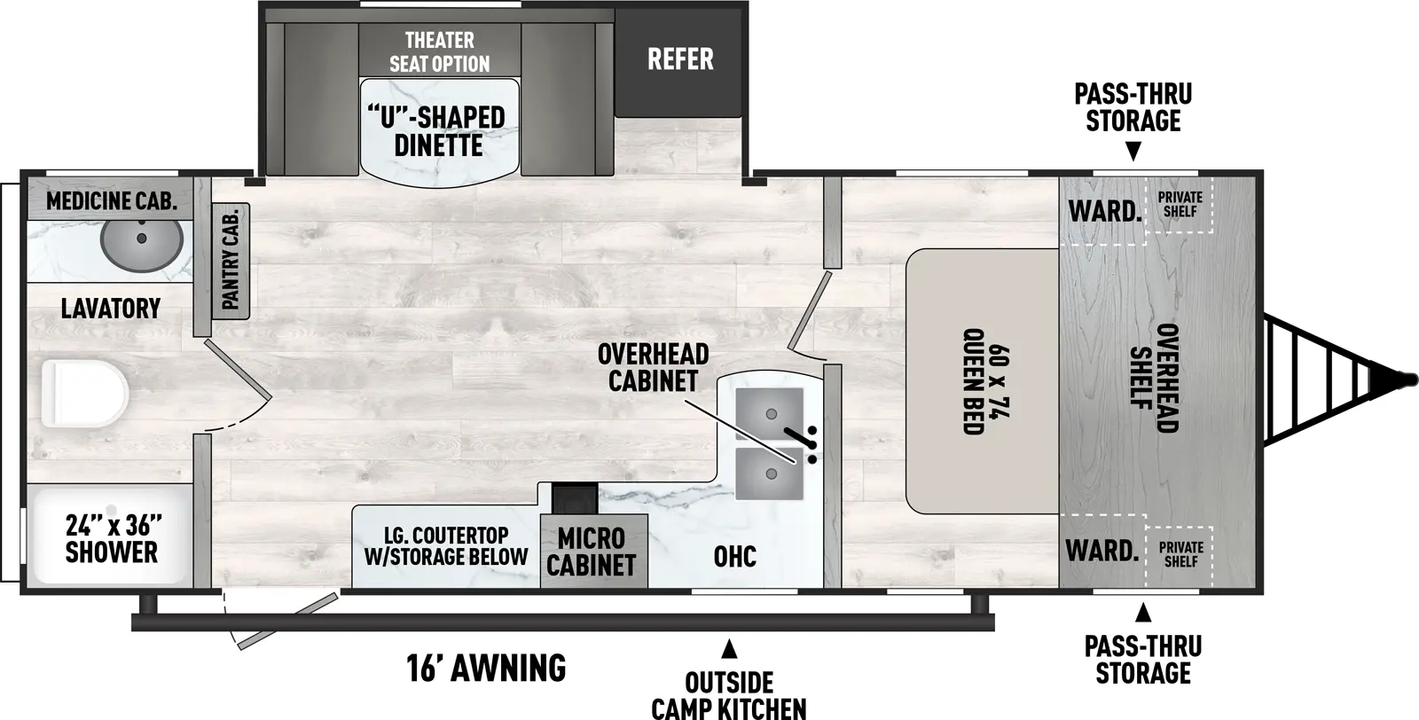 The Viking Travel Trailers 251RBS has one entry and one slide out. Exterior features include: metal exterior, 16' awning and outside kitchen. Interiors features include: u-dinette, front bedroom and rear bathroom.